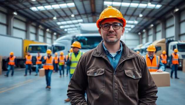 Workers in the cargo loading and unloading area at the cargo terminal, in the warehouse of a logistics company, in special clothing, are engaged in loading operations.