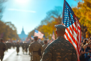A military parade with a soldier holding an American flag, Veterans, Memorial or Independence Day