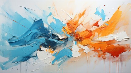 An abstract painting featuring dynamic splashes of blue, orange, and white, evoking energy.