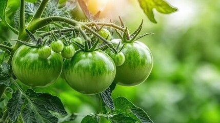 Fototapeta premium Vibrant green tomatoes on vine in a sunlit garden setting