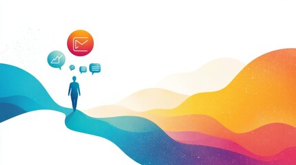 A vibrant abstract illustration depicting a person navigating a pathway surrounded by modern communication icons and colorful waves.