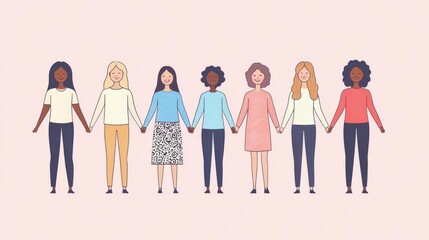 Fototapeta premium A diverse group of women holding hands, symbolizing unity, friendship, and empowerment against a light background.