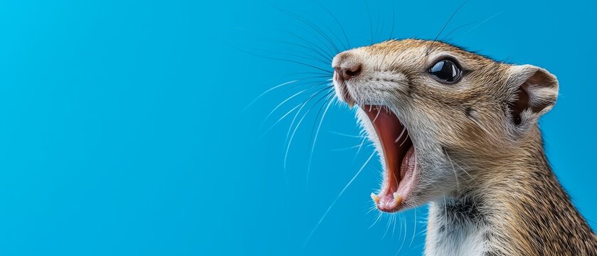 A close up of a ground squirrel yawning with its mouth open