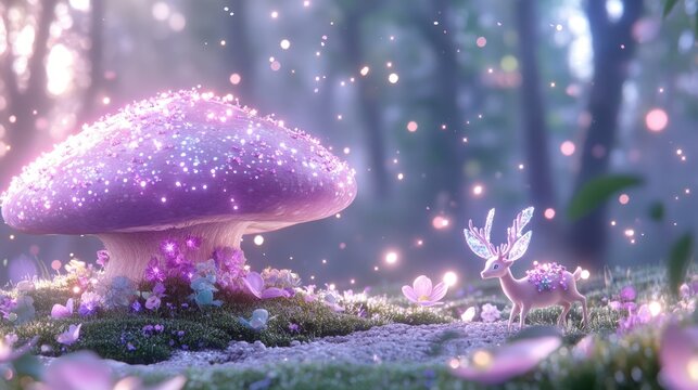 Enchanted forest with magical deer and glowing mushroom at dusk