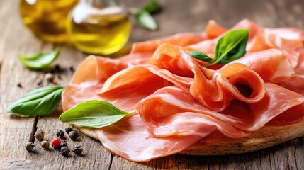 Fresh Prosciutto Slices with Basil and Olive Oil on Rustic Wooden Table