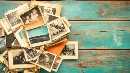 Vintage Family Photos on Rustic Teal Wooden Surface Highlight Nostalgia and History