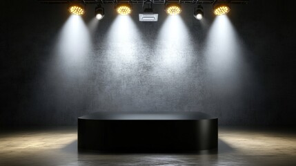 A dimly lit stage featuring a sleek black podium under theatrical spotlights offers a dramatic backdrop, ideal for presentations, performances, or award ceremonies