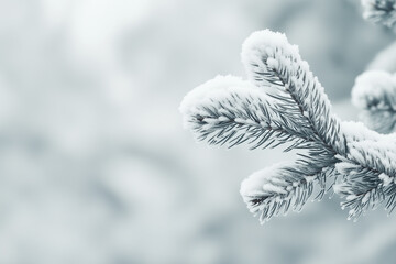 Obraz premium Frosty fir branch covered with snow on blurry winter background.