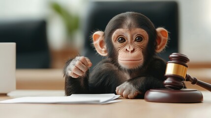 Adorable chimpanzee judge with gavel in office setting