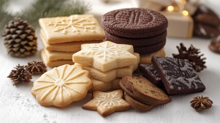 Assorted Holiday Cookies with Festive Decorations and Pine Cones on Rustic Table