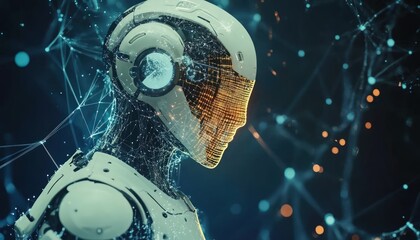 Humanoid and robot interacting with massive data networks powered by AI and machine learning