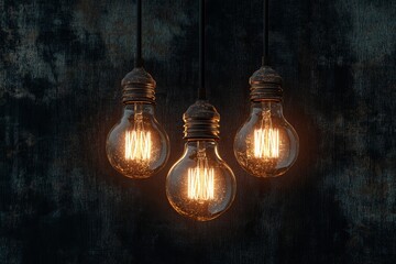 Three Glowing Light Bulbs Against Dark Background, Creative Idea and Inspiration Concept Generative AI