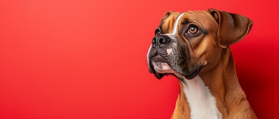 Fototapeta premium A brown and white dog sitting in front of a red wall