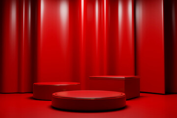 empty red podium with soft red curtain background. Luxury minimal wall scene mockup product display. Abstract geometric platforms design. Round stage showcase. 3d render	
