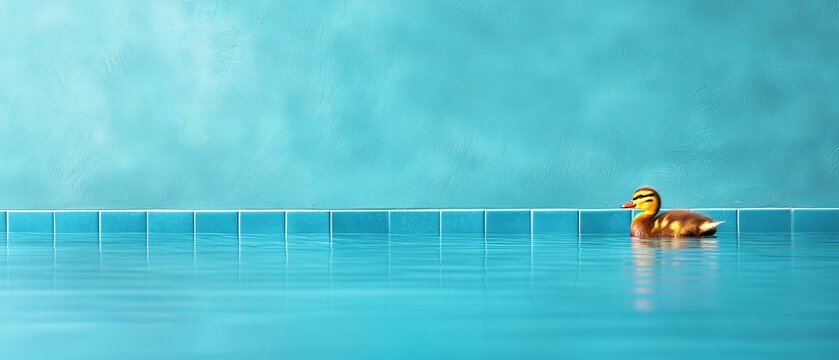 A duck floating in a swimming pool with a blue wall behind it