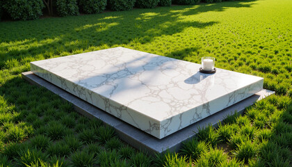 Minimalist gravestone amid lush greenery with a single candle in a serene garden setting