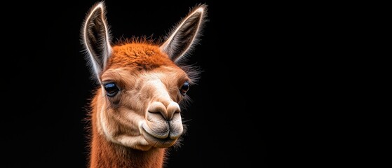 Fototapeta premium A close up of a llama's face on a black background