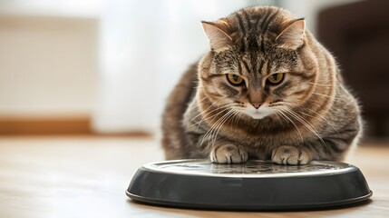 Chubby cat lounging on floor. Feline pet obesity and importance of weight management