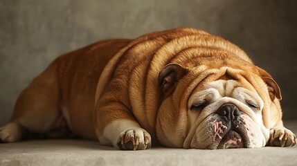 Heavy english bulldog sleeping on floor. Pet obesity and dog weight monitoring