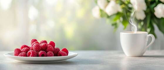 A plate of raspberries and a cup of coffee on a table