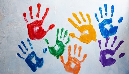 A bunch of colorful handprints on the white wall