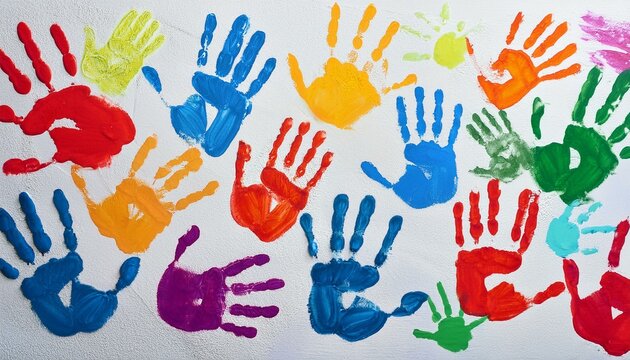 A bunch of colorful handprints on the white wall - Powered by Adobe