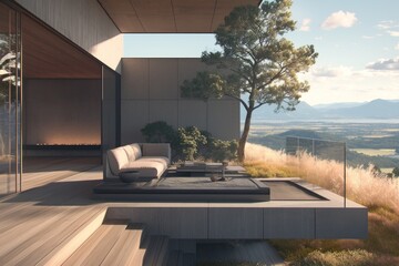 Modern outdoor lounge with scenic views and natural surroundings.