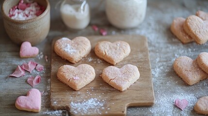 Heart-Shaped Cookies with Powdered Sugar on Rustic Wooden Board