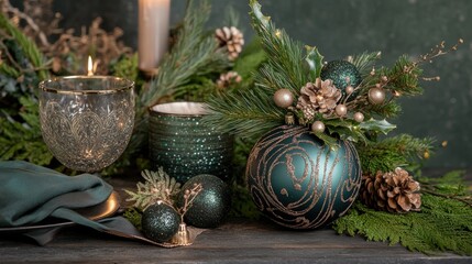 Elegant holiday decoration with green and gold ornaments on rustic background