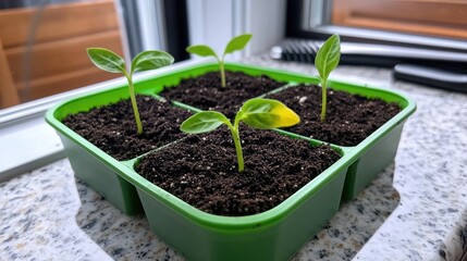 Indoor gardening paradise: Sprouted chili seedlings thrive in a green tray on a sunlit windowsill