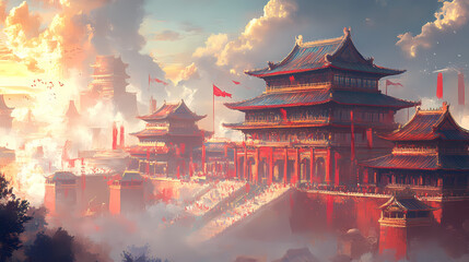 Fototapeta premium Imaginary forbidden city scene with imperial roofs bathed in red and gold flag-inspired hues. Imperial Chinese Palace. Illustration