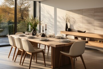 Obraz premium Modern dining area with wooden table and elegant decor, bathed in natural light.