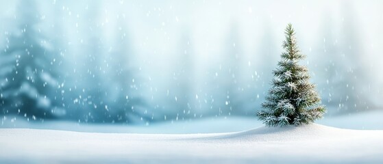A small pine tree in the middle of a snowy field