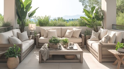 A cozy outdoor living space with comfortable seating and lush greenery.