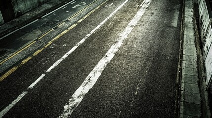 Urban Street Perspective: Empty Road with Weathered Markings in a City