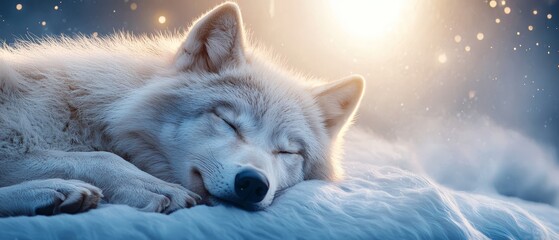 Obraz premium A white wolf sleeping on top of a snow covered ground