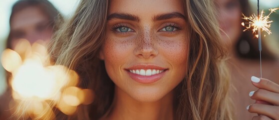 Fototapeta premium A woman holding a sparkler in front of her face