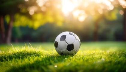 Fototapeta premium soccer ball on grass with blur green bokeh background