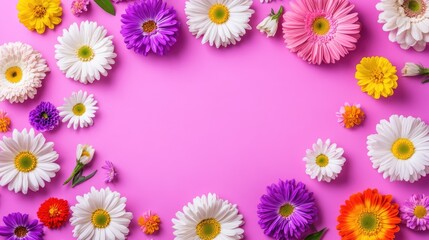 Bright Colorful Flowers on Pink Background with Daisies and Gerberas Frame