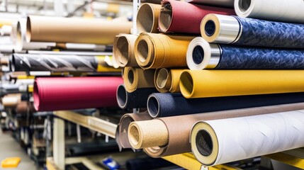 Rolls of Colorful Textile Fabrics in Industrial Warehouse for Textile Production