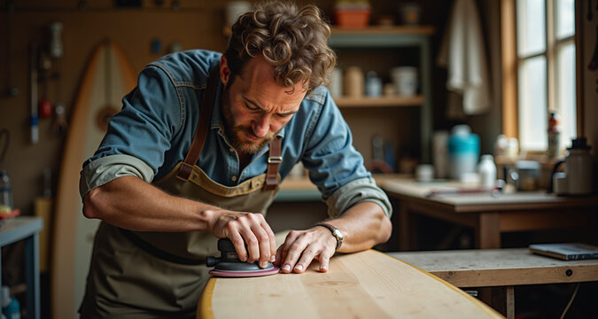 Surfboard shaper sanding a custom board in a workshop, capturing the craftsmanship and culture of surf sports.