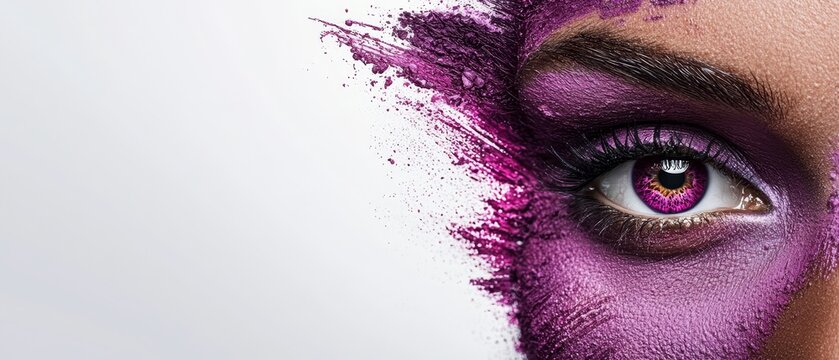  A close up of a woman's eye with purple makeup