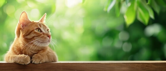 An orange cat sitting on top of a wooden table