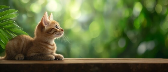 A small orange kitten sitting on top of a wooden table