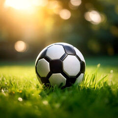 Fototapeta premium soccer ball on grass with blur green bokeh background