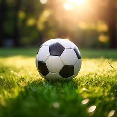 Fototapeta premium soccer ball on grass with blur green bokeh background