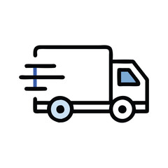 Simple delivery van icon with motion lines, Black and white outline of a delivery van with motion lines, representing fast shipping, transportation, and logistics services.
