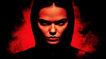 Fototapeta premium A striking, dark portrait featuring a woman in a hood, with intense eyes set against a dramatic red smoky background.