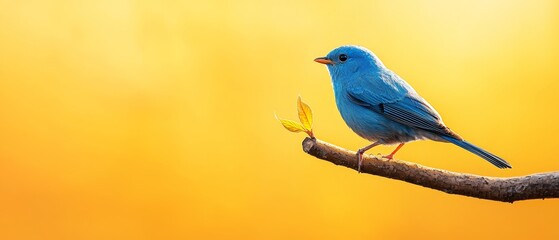 Fototapeta premium A small blue bird sitting on a branch with a yellow background
