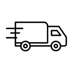 Simple delivery van icon with motion lines, Black and white outline of a delivery van with motion lines, representing fast shipping, transportation, and logistics services.
